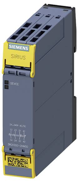 En blå-gul Siemens SIRIUS-enhet, 24-240V AC/DC, med märkning och QR-kod på framsidan.