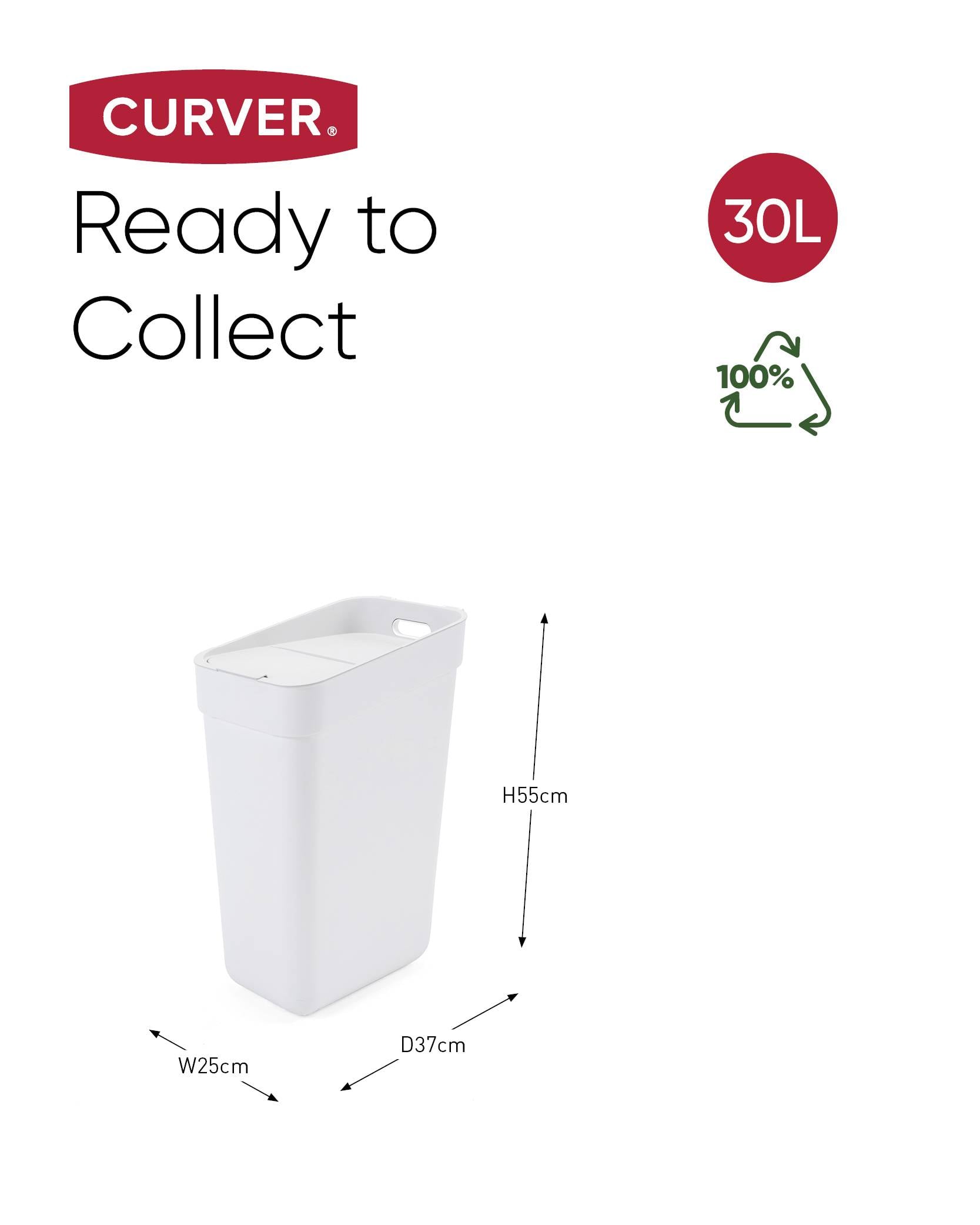 En vit soptunna med måtten H55 cm, B25 cm, D37 cm, 30 liters kapacitet. Med återvinningssymbol och texten 'Ready to Collect'.