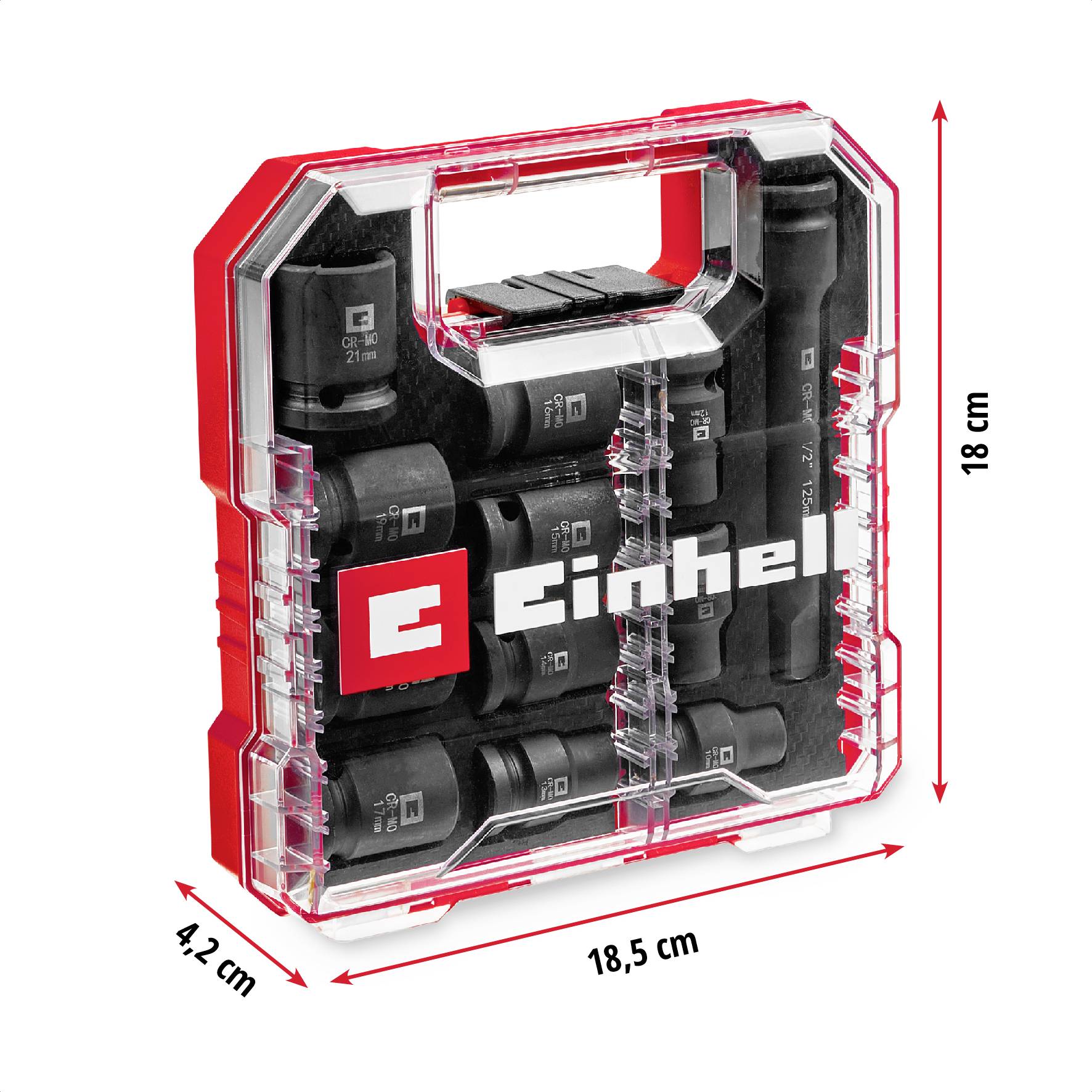 Einhell hylsnyckelsats i en röd och transparent plastlåda, dimensioner: 18,5 cm x 18 cm x 4,2 cm.