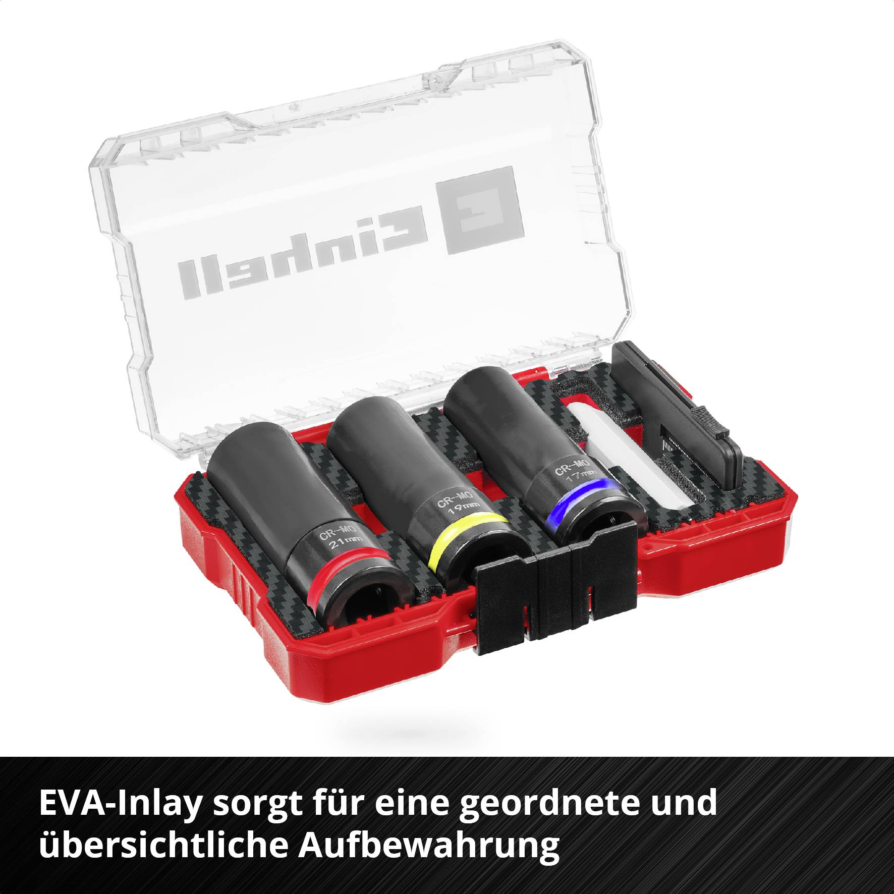 En transparent låda med öppna fack visar fyra färgglada verktyg prydligt ordnade på ett EVA-underlägg.