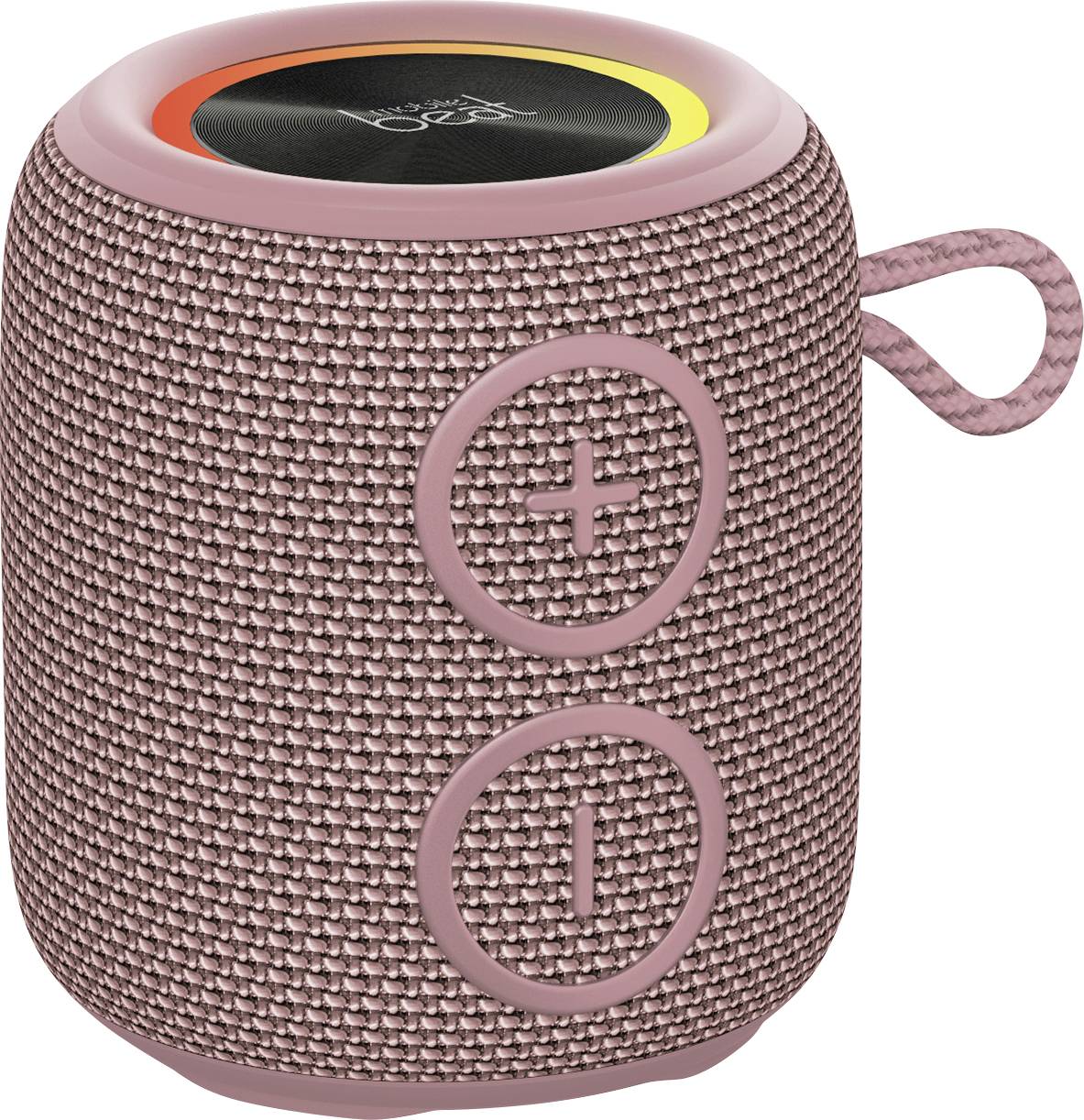 En bärbar, rosa högtalare med texturerad yta. Stora plus- och minusknappar för volymreglering är synliga.