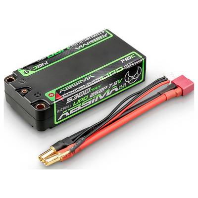 En svart LiPo-batteri från Absima med grön märkning, 5800 mAh, 7,6 V, 140C, med två röda och svarta anslutningskablar.