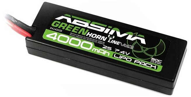 Abisma Greenhorn Line V2.5 4000 mAh 7,4V LiPo-batteri, rektangulärt, svart med grön text, röda och svarta anslutningskablar.