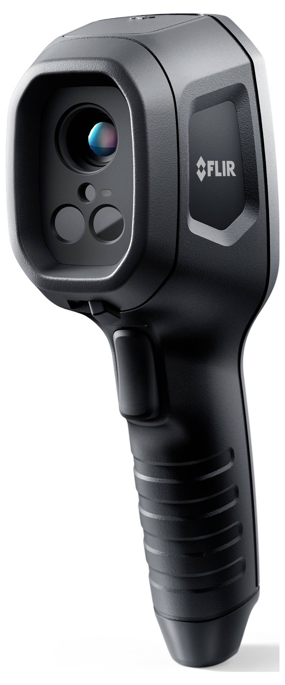 En svart värmekamera med ergonomiskt handtag, från Flir, för identifiering av värmekällor i olika miljöer.