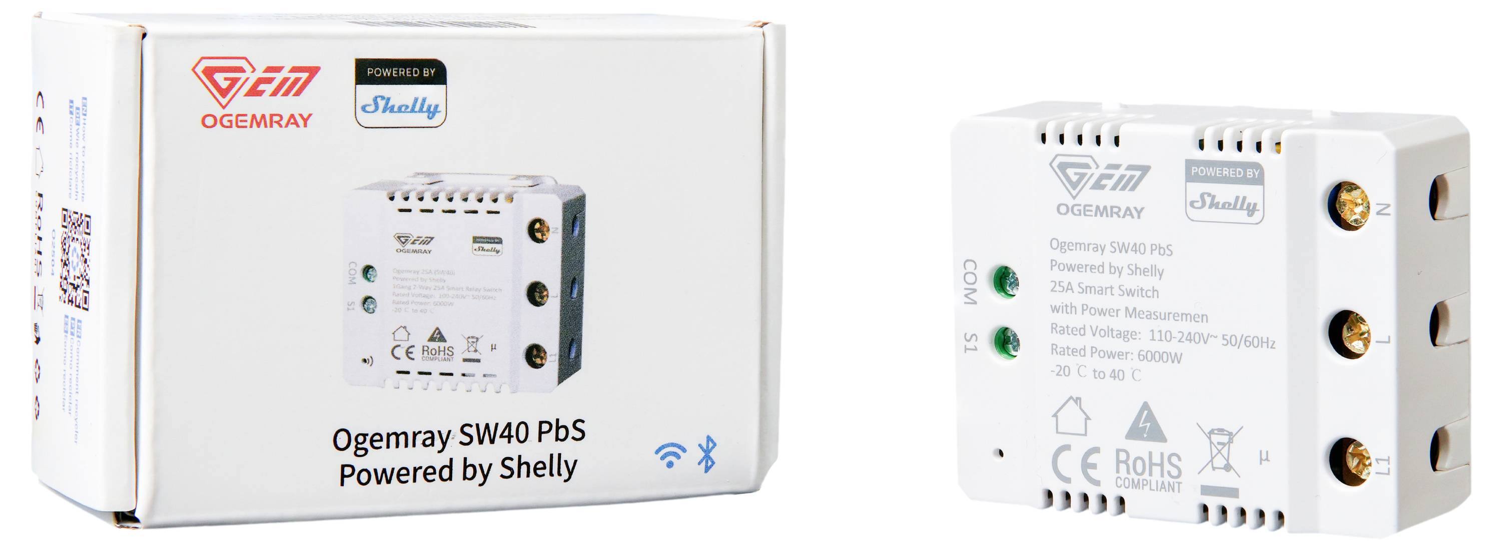 'OGEMRAY SW40 PaS Power Meter', vitt hölje med anslutningar och teknisk beskrivning, avbildad på förpackningen.