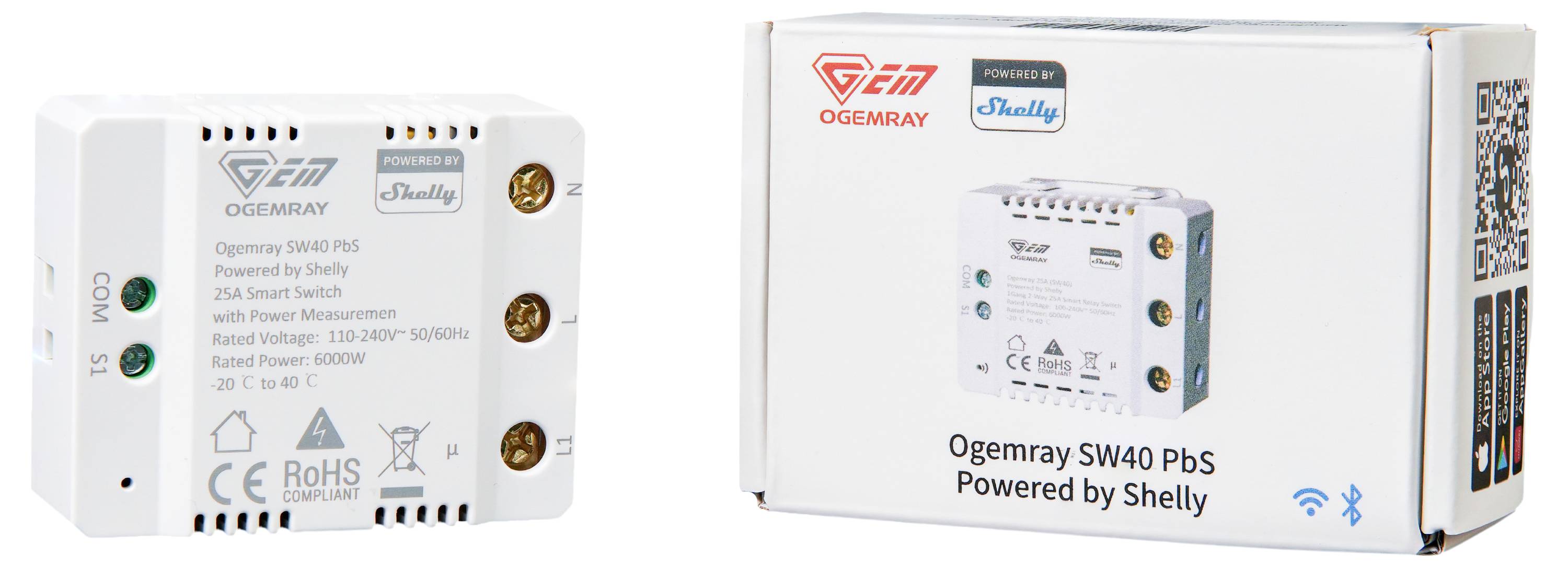 En förpackning och en uppackad Smart Switch 'Ogemray SW40 PbS Powered by Shelly' med effektövervakning.