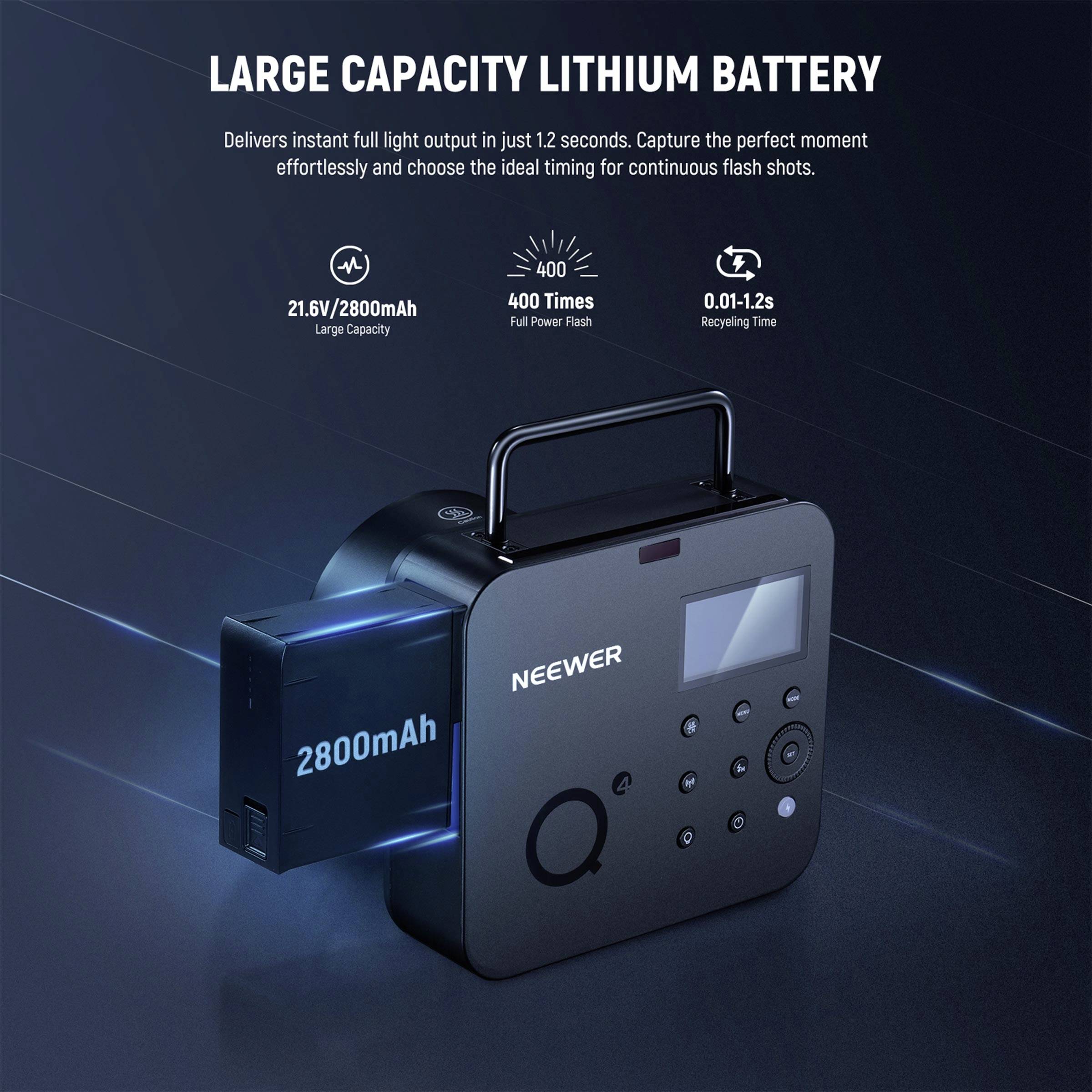Bärbar blixt med litiumбатteri, visar 2800mAh kapacitet. Erbjuder snabb och effektiv prestanda för upp till 400 blixtar.