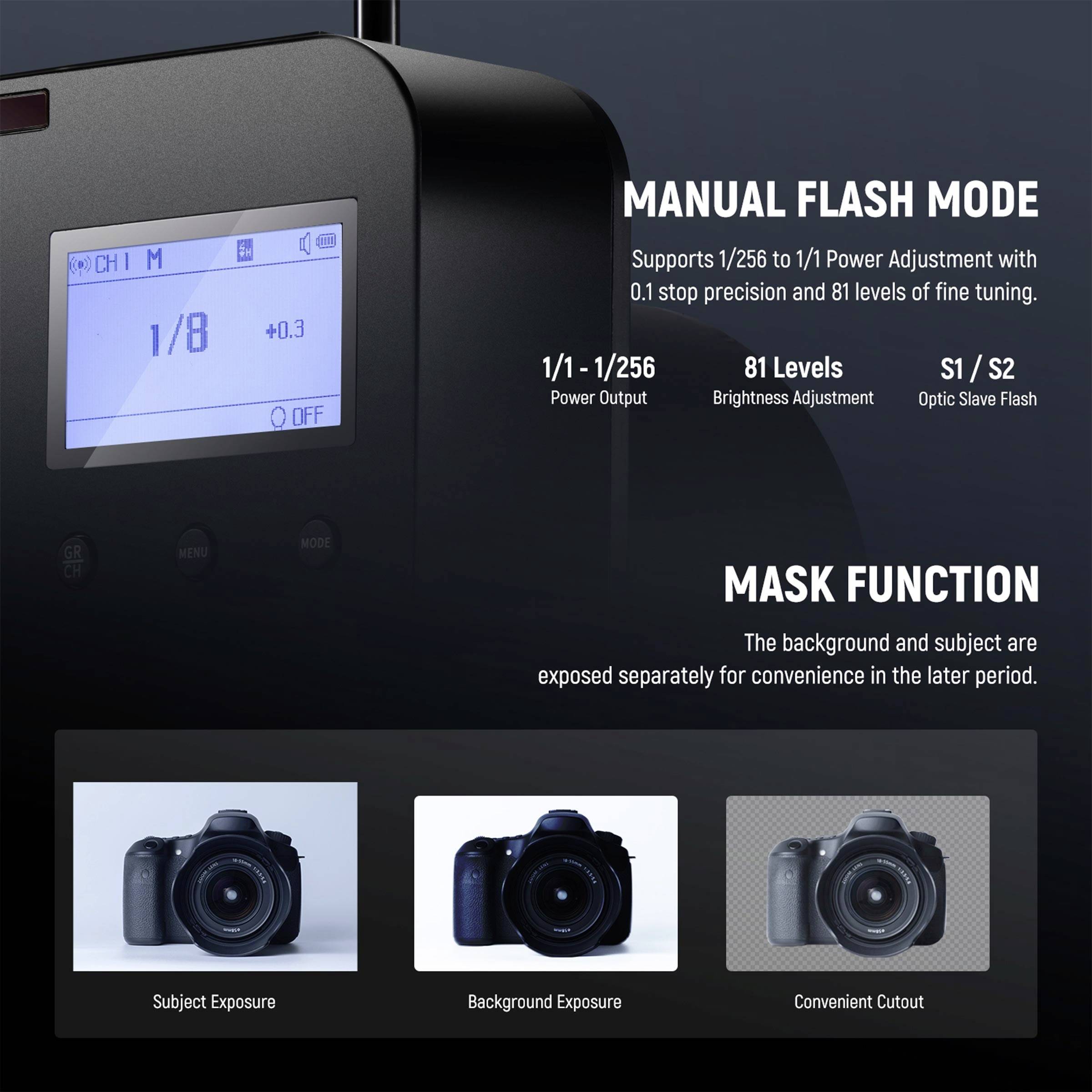 Kamera med manuellt blixtläge och maskfunktion.