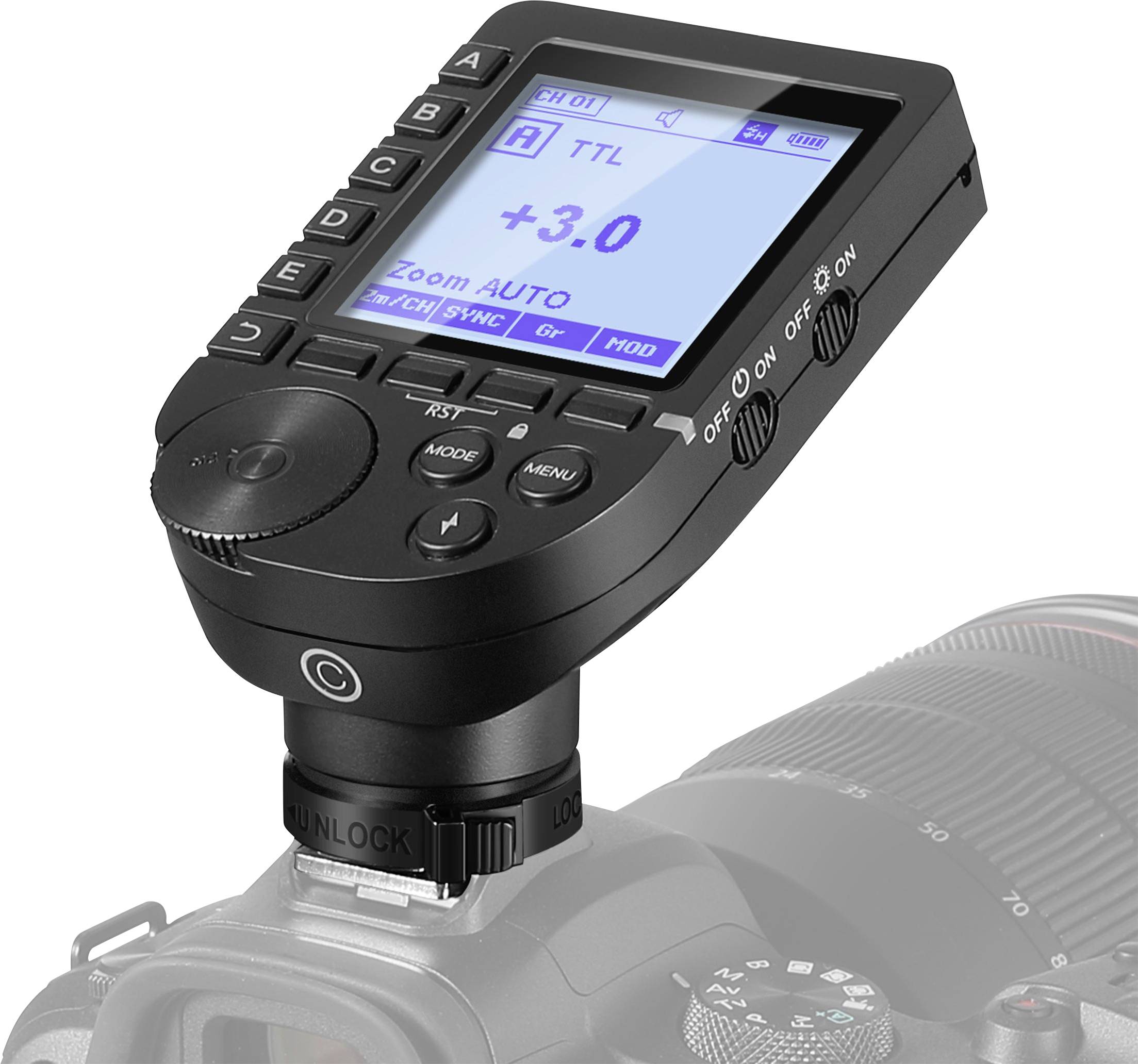Fjärrstyrd kameraBlixtenhet med digitalt display på en kamera. Funktioner: TTL, Zoom, lägesväljare, blixtreglering.
