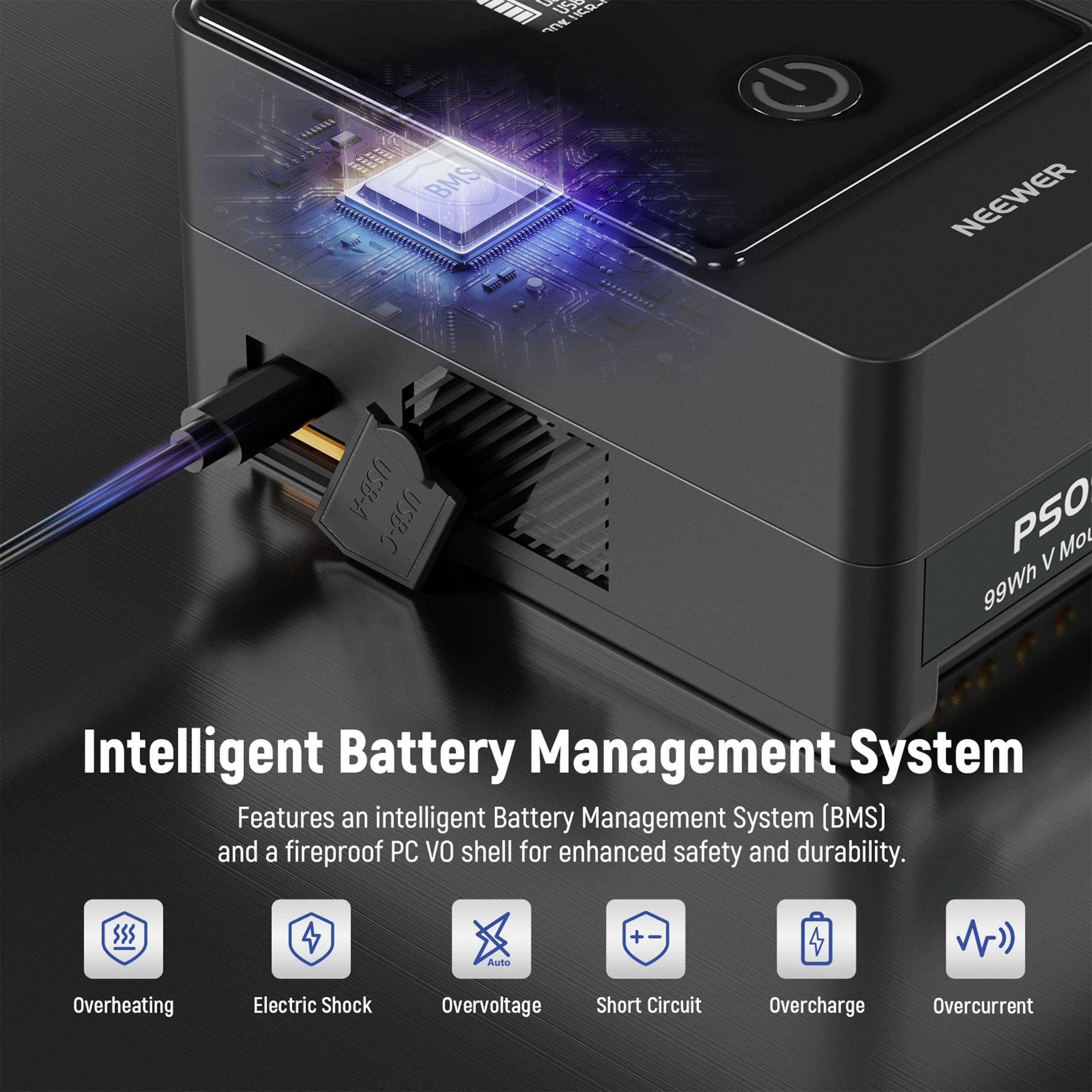 Intelligent batterimanagementsystem (BMS) med brandsäket hölje säkerställer säkerhet och hållbarhet. Funktioner: stötskydd, överladdningsskydd, överhettningsskydd.