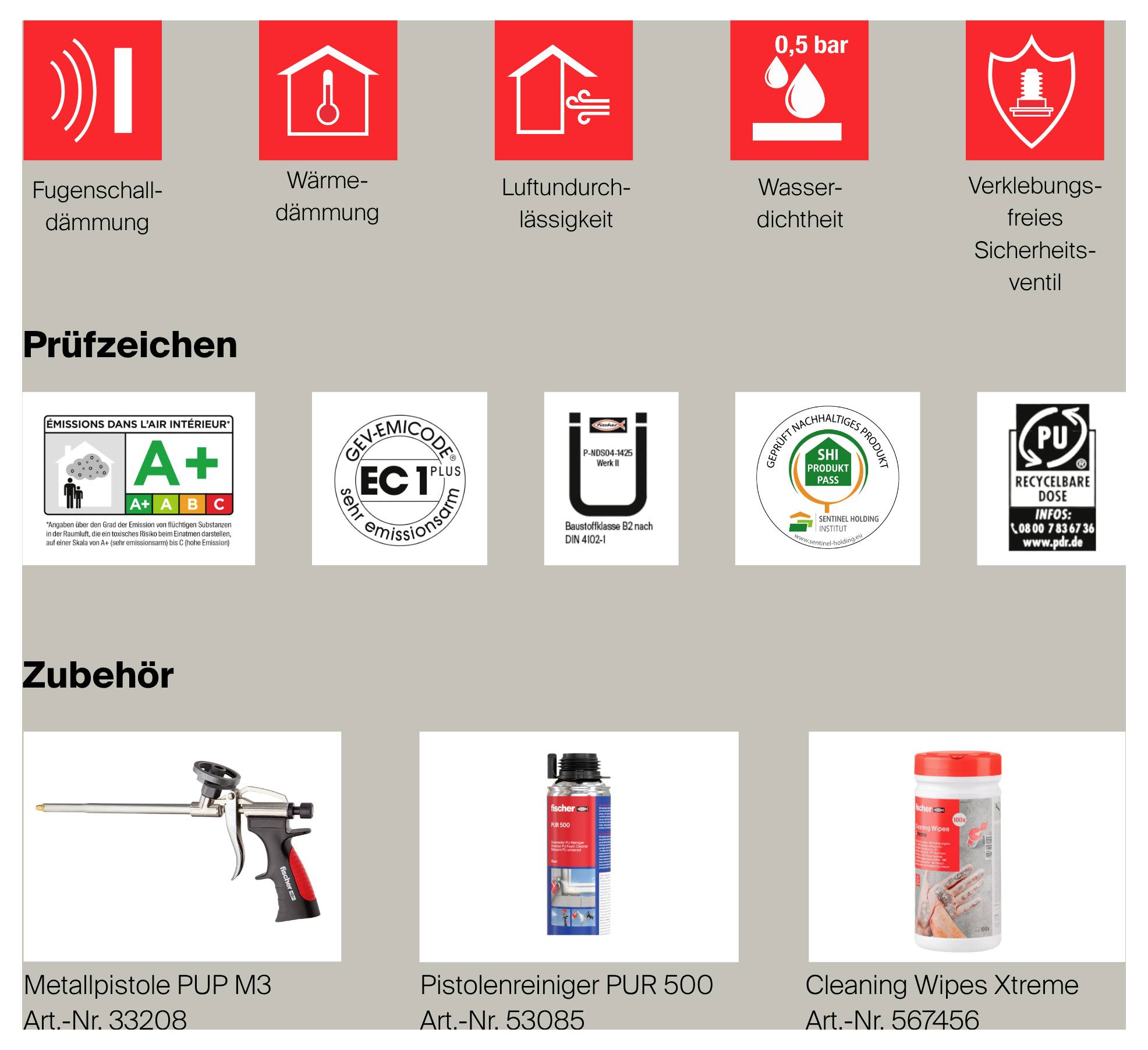 Översikt över produktegenskaper och certifikat för PU-skum: fogjudddämpning, värmeisolering, lufttäthet, vattentäthet och säkerhetsventi; därunder testmärken och tillbehör.