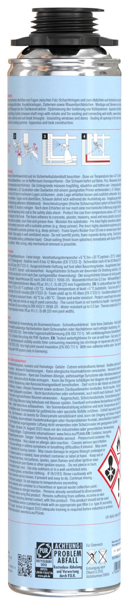 Baksida av en cylindrisk kemisk aerosolburk med tät säkerhet och produktinstruktioner, farodiamant-symbol och små återvinnings-/användningsikoner.