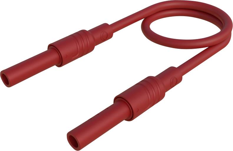 Röd kabel med två kontakter i ändarna, formad till en slinga. Elektriskt tillbehör för anslutningar eller mätningar.