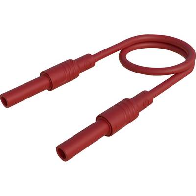 Röd kabel med två kontakter i ändarna, formad till en slinga. Elektriskt tillbehör för anslutningar eller mätningar.