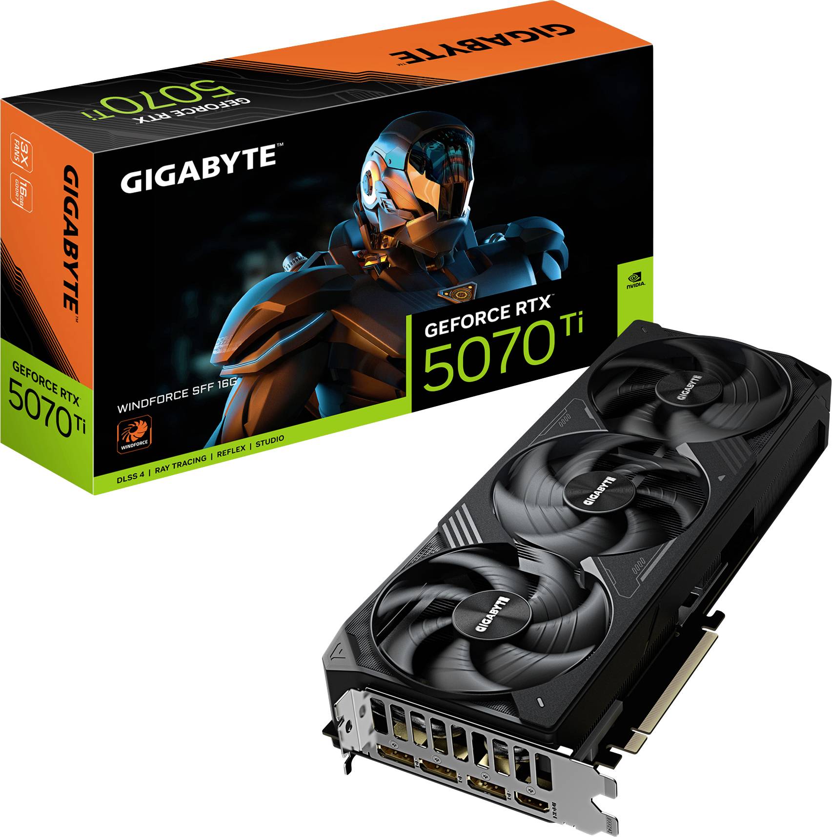 Grafikkort 'Gigabyte GeForce RTX 5070 Ti' med förpackning; visar grafikkort med tre fläktar och oranget robotmotiv på lådan.