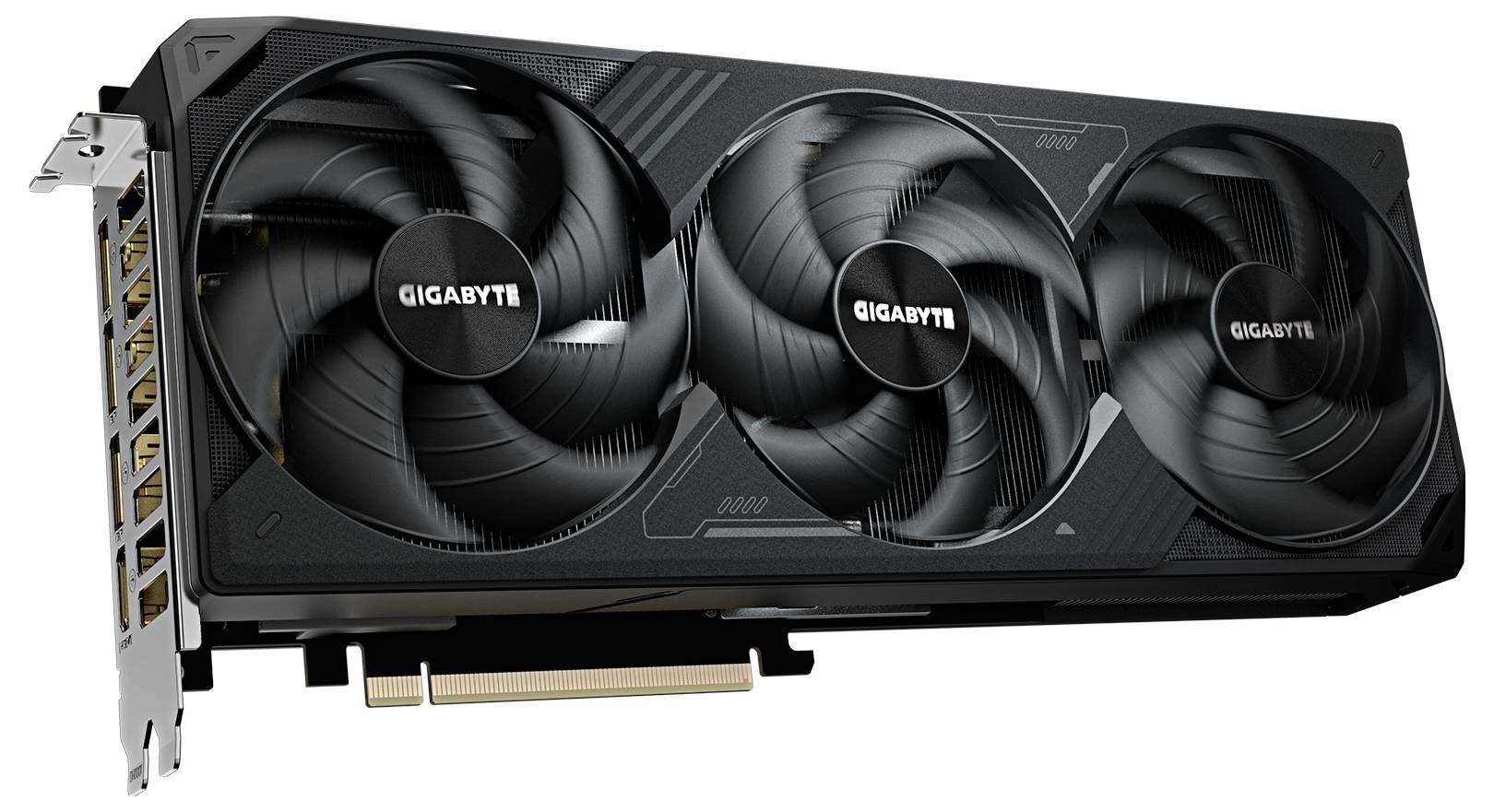 Ett svart grafikkort från Gigabyte med tre stora fläktar, PCIe-gränssnitt på undersidan.