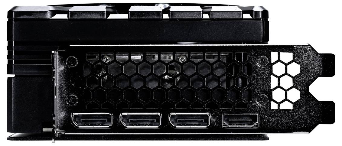 Svart grafikkortanslutning med fyra HDMI-portar, rektangulär fläkt och hexagonalt ventilationsgaller på vänster sida.