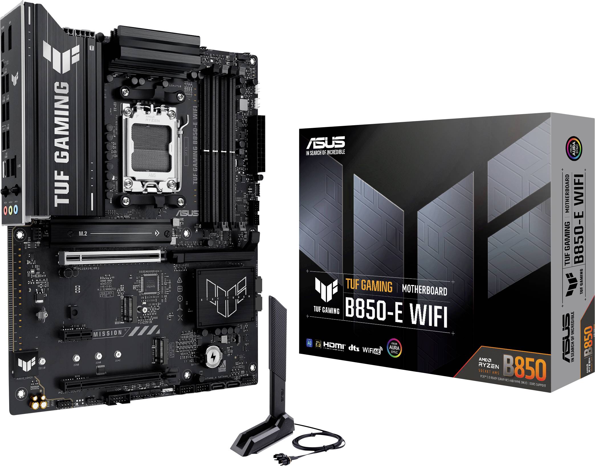 ASUS TUF Gaming B550-E WIFI moderkort bredvid förpackningen. Innehåller PCIe 4.0, HDMI, DTS, Ryzen-stöd och WLAN-antenn.