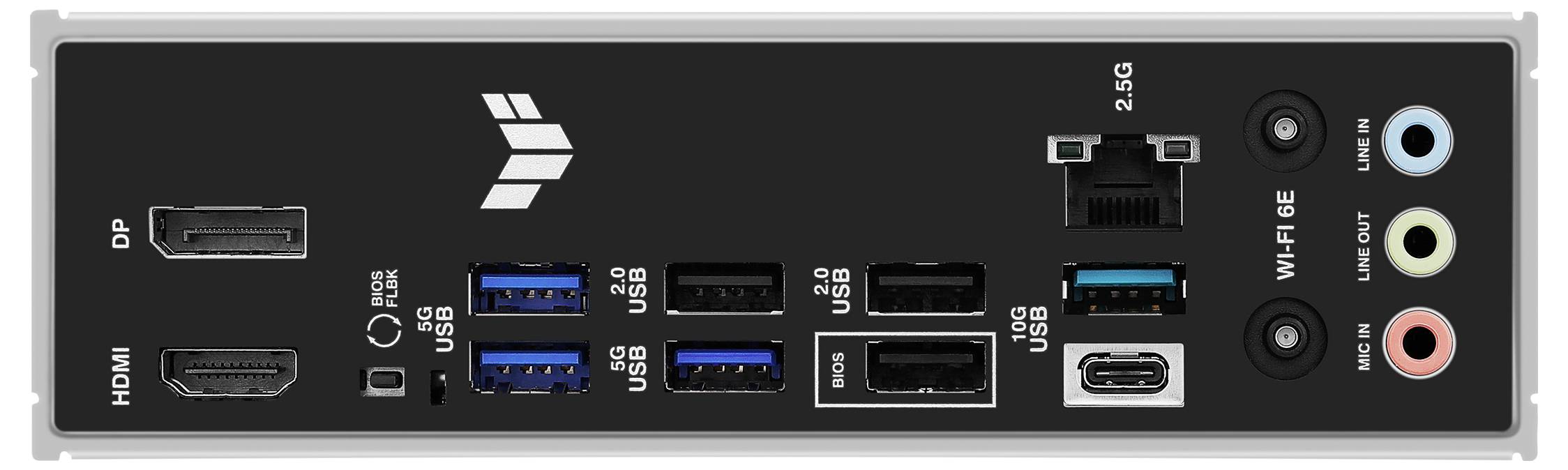 Baksidan av en dator med anslutningar: DP, HDMI, fyra USB-3, två USB-C, Ethernet, Wi-Fi 6E, ljudutgångar, strömknapp.