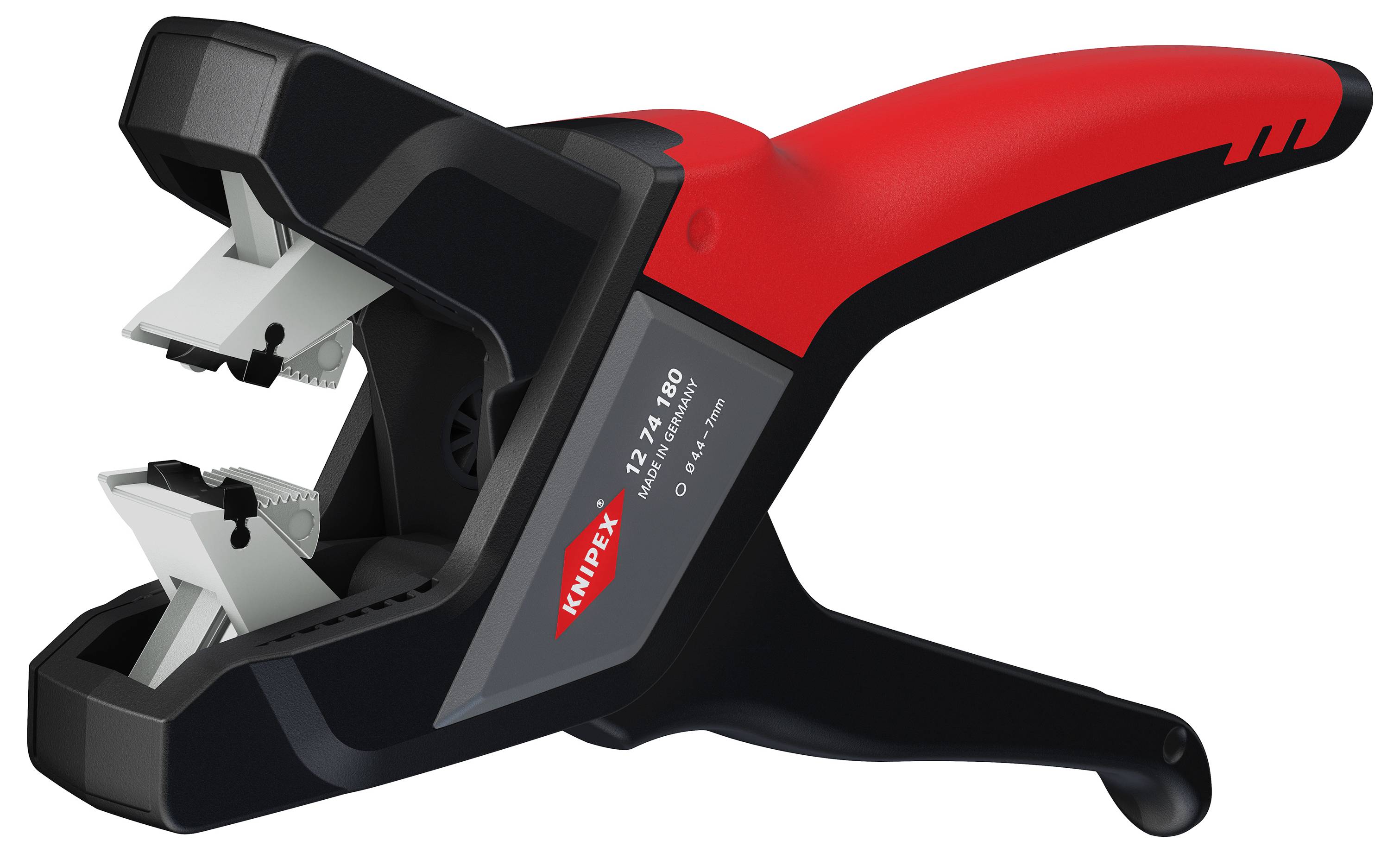 Tång med rött handtag och svart kropp. Konstruerad för avmantling av kablar. Märkt med 'Knipex' och modellnummer.