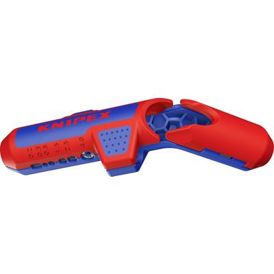 Ett rött och blått avisoleringsverktyg med texten 'Knipex' på övre skyddet, visar mätskalor från 0,2 till 4,0 mm.