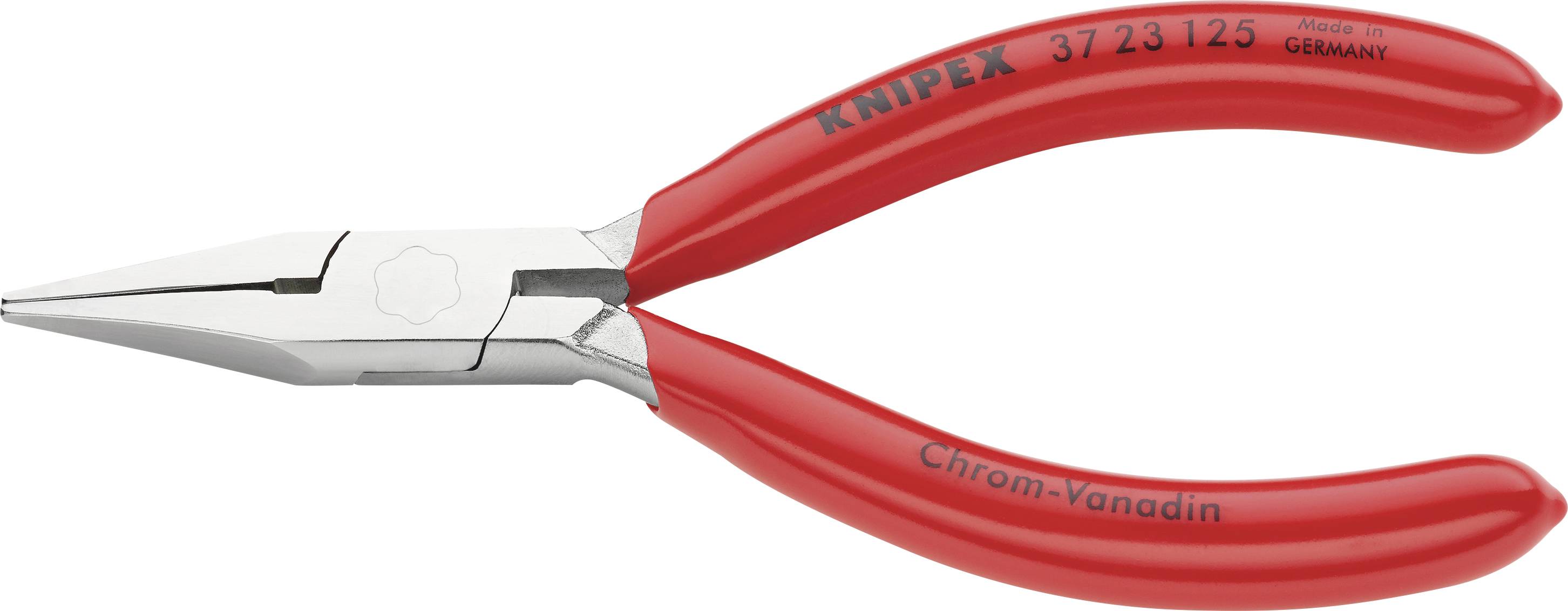 Röd spetttång med isolerade handtag, lämplig för fina arbeten inom elektronik. Märkt med 'Knipex' och 'Krom-Vanadin'.