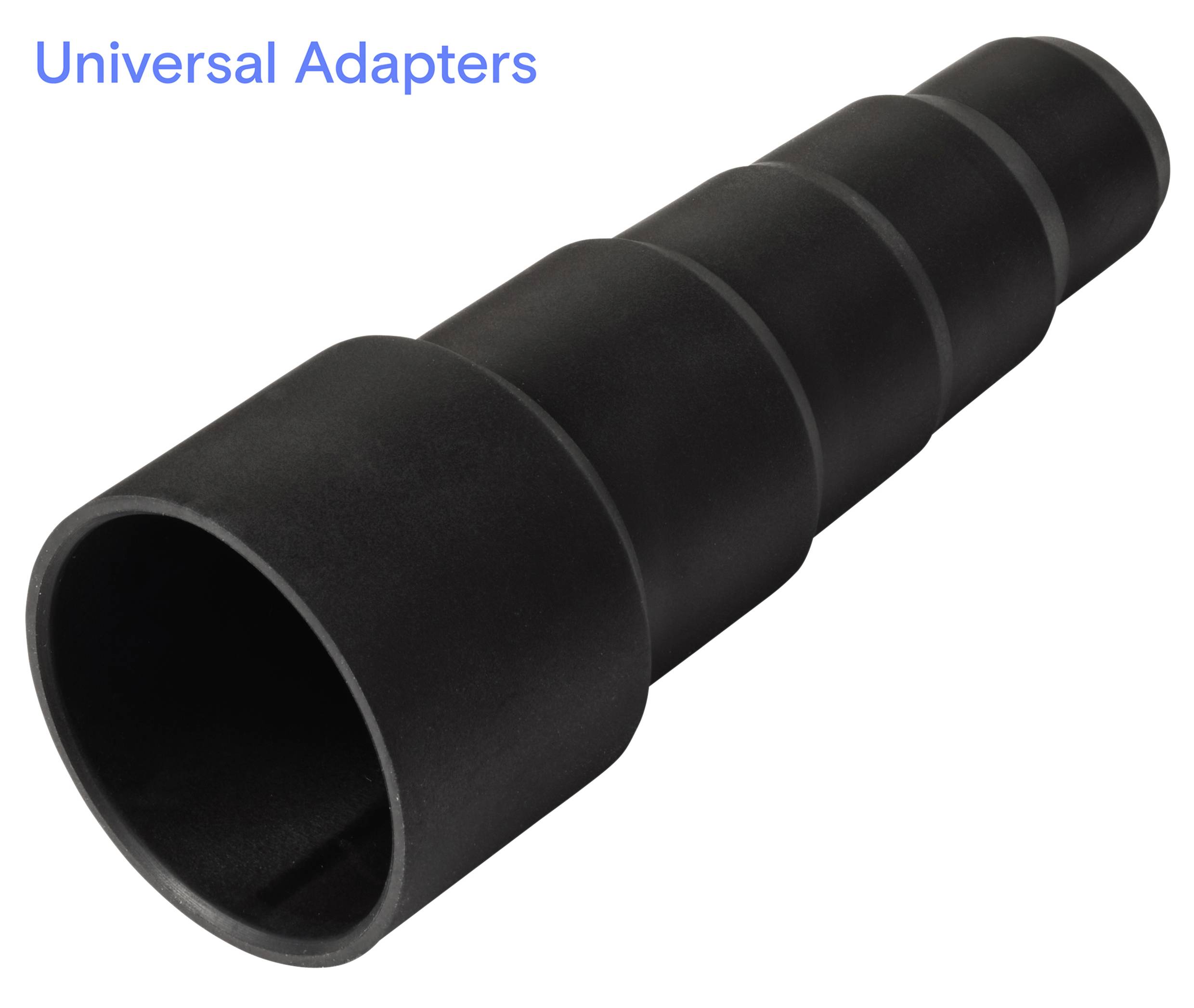 En svart, cylindrisk universaladapter med en stegvis design, märkt 'Universal Adapters' i blå text längst upp till vänster.