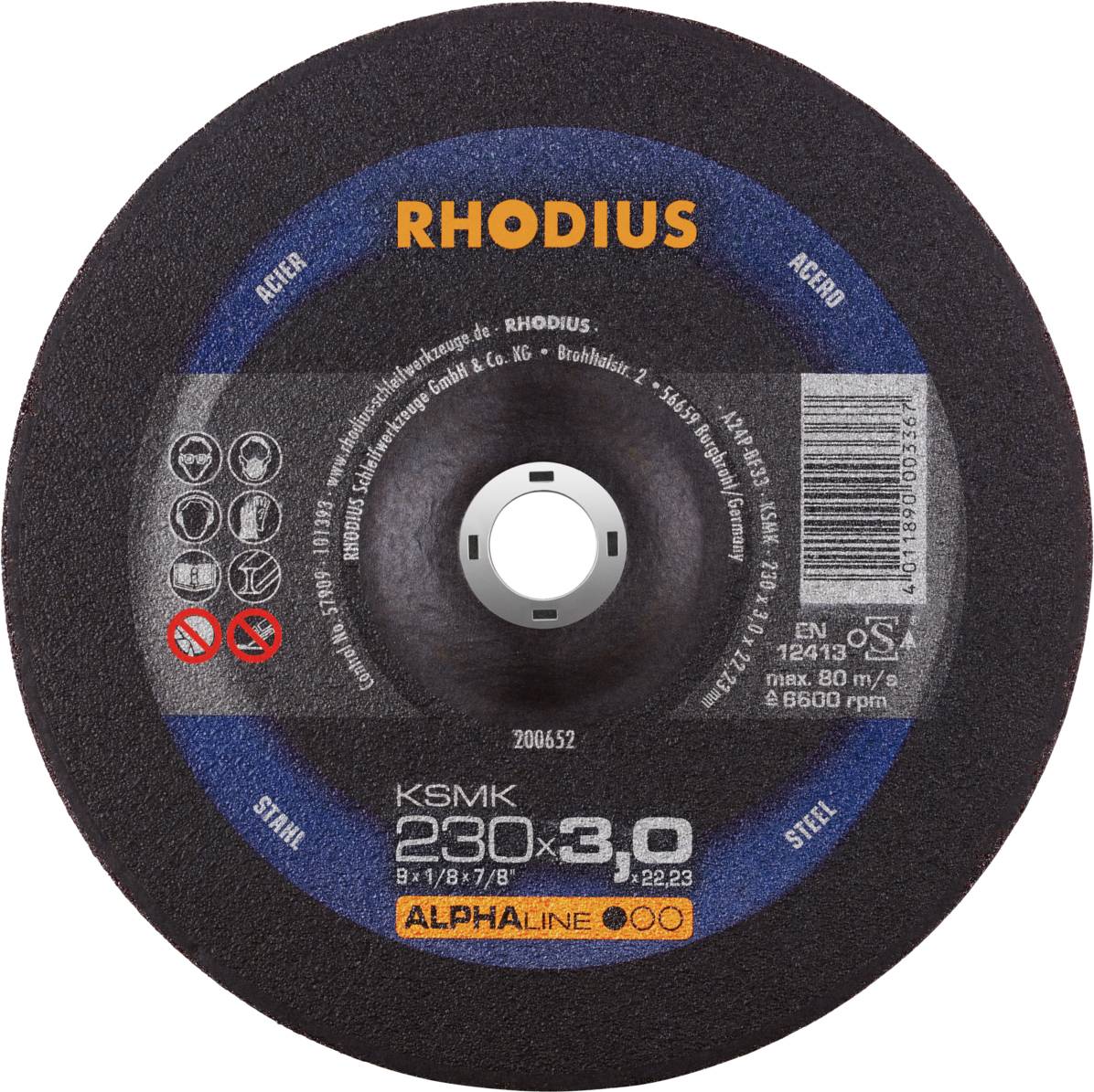 Slipskiva av märket Rhodius; diameter 230 mm, tjocklek 3 mm. Lämplig för stål och rostfritt stål, max varvtal 80 m/s.