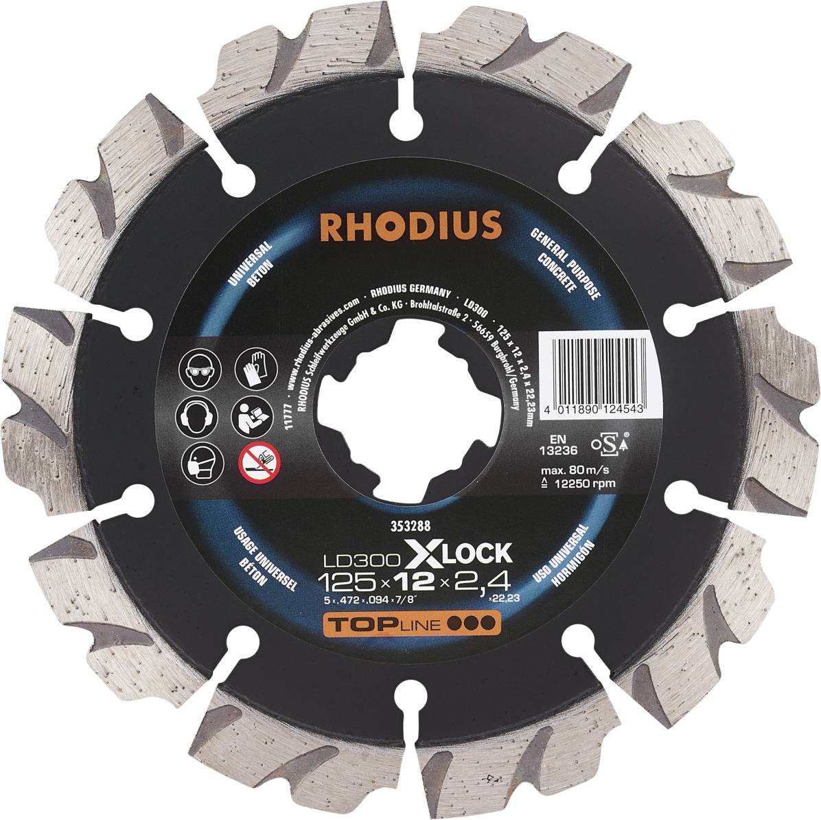 Cirkelsågblad med metalltänder, märke 'Rhodius', modell LD300 X-LOCK, diameter 125 mm, för bearbetning av betong och murverk.