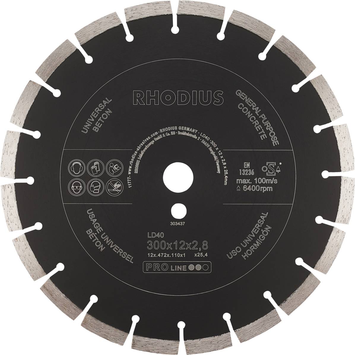 Cirkelsågblad med påskriften 'RHODIUS', idealiskt för betong, diameter 300 mm, max 100 m/s, 6400 varv/min, universellt användbart.