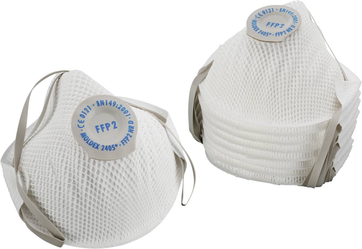 Stapel av FFP2-masker som erbjuder skydd mot partiklar. Varje mask är vit med elastiska band. Lämplig för hälsoskydd.