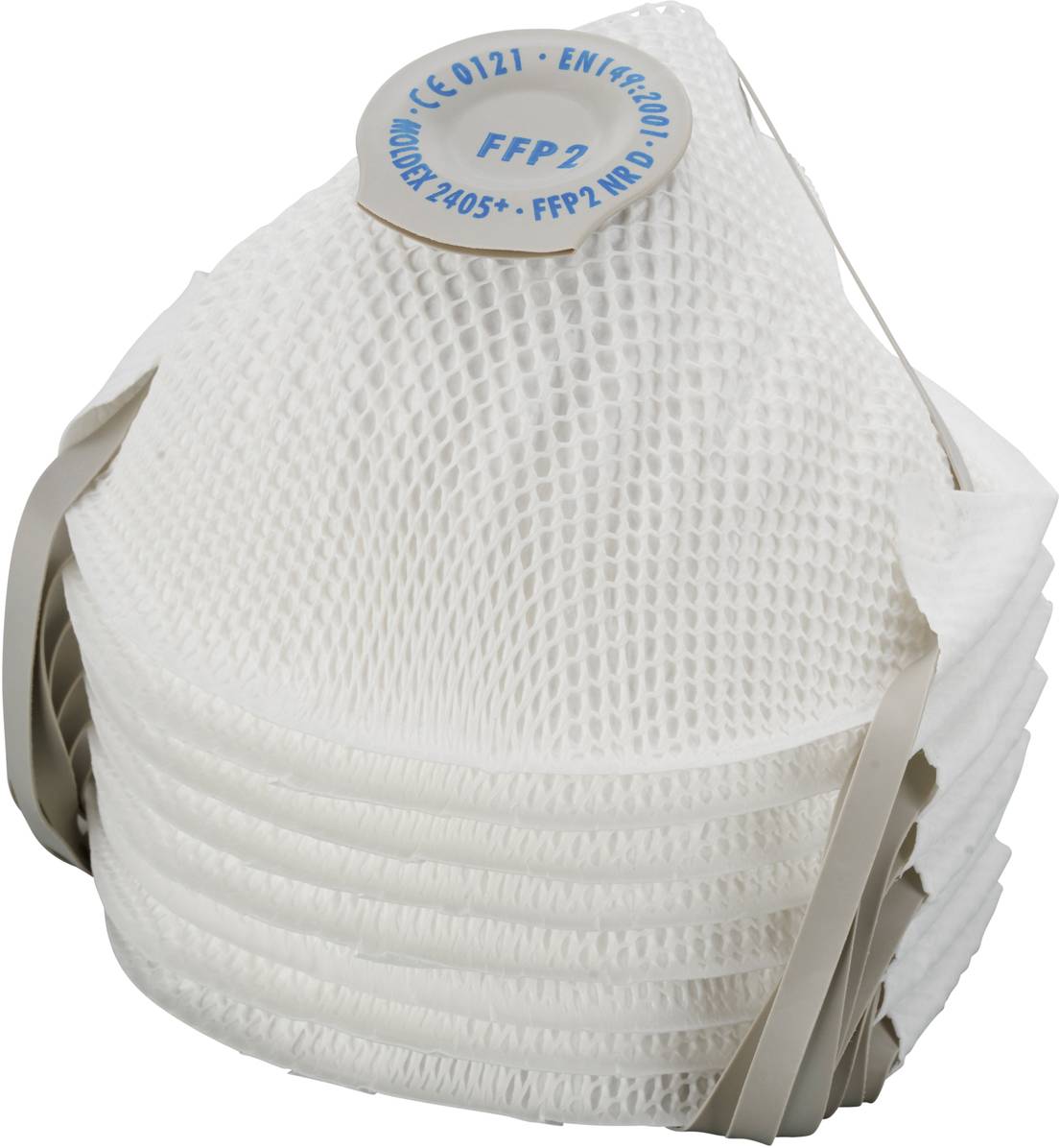 En hög med FFP2-masker, märkta med CE 0121 och EN149:2001, som används för andningsskydd.