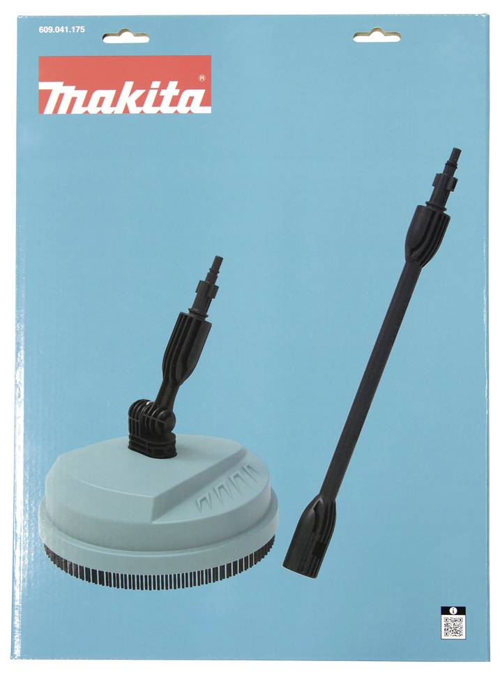 Makita-förpackning visar en högtrycksrenare ytrengöringsbilaga och förlängningsstav på en blå bakgrund.