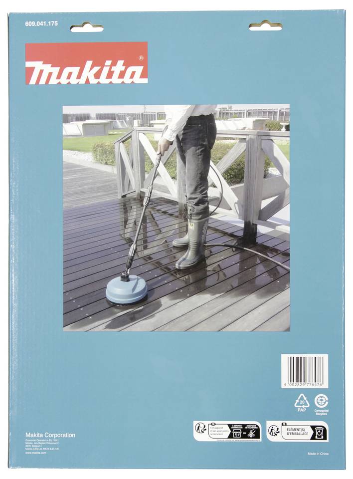 Makita-produktlåda som visar en person som använder en högtryckstvätt på ett trädäck utomhus.