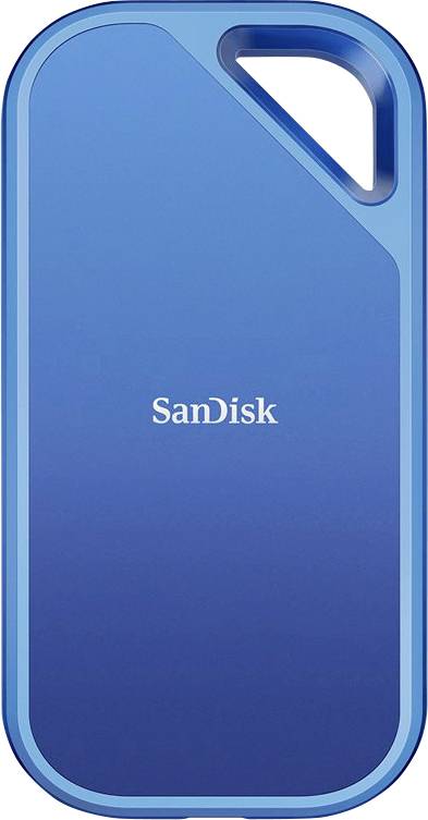 Blå, bärbar SanDisk-lagringsenhet med avrundade hörn och ett praktiskt fästhål i det övre hörnet.
