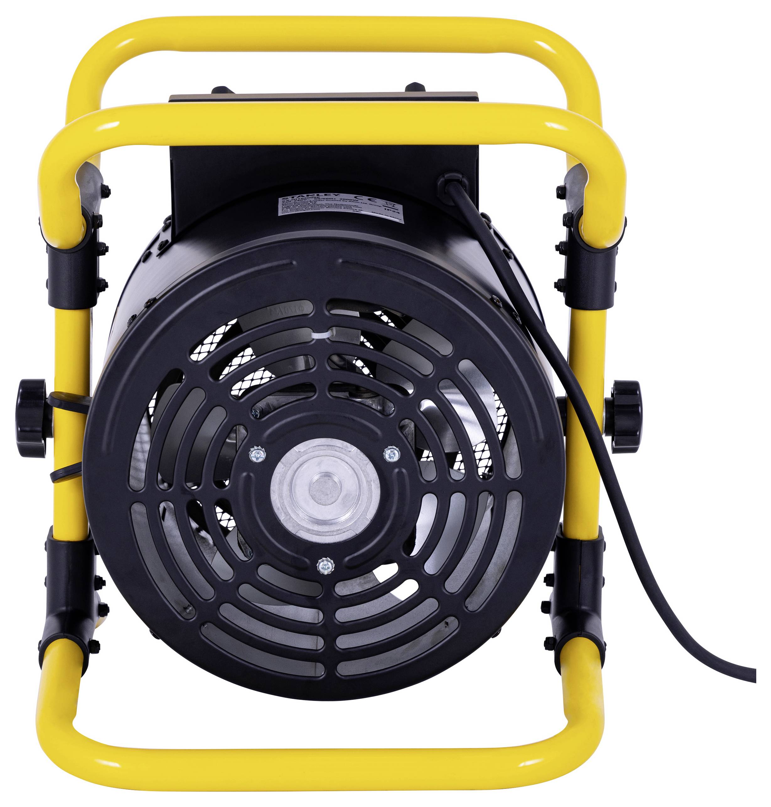 En gul industriell elpatron med svart ventilationsskydd, cylindrisk form och synlig strömkabel, avsedd för byggnadsändamål.