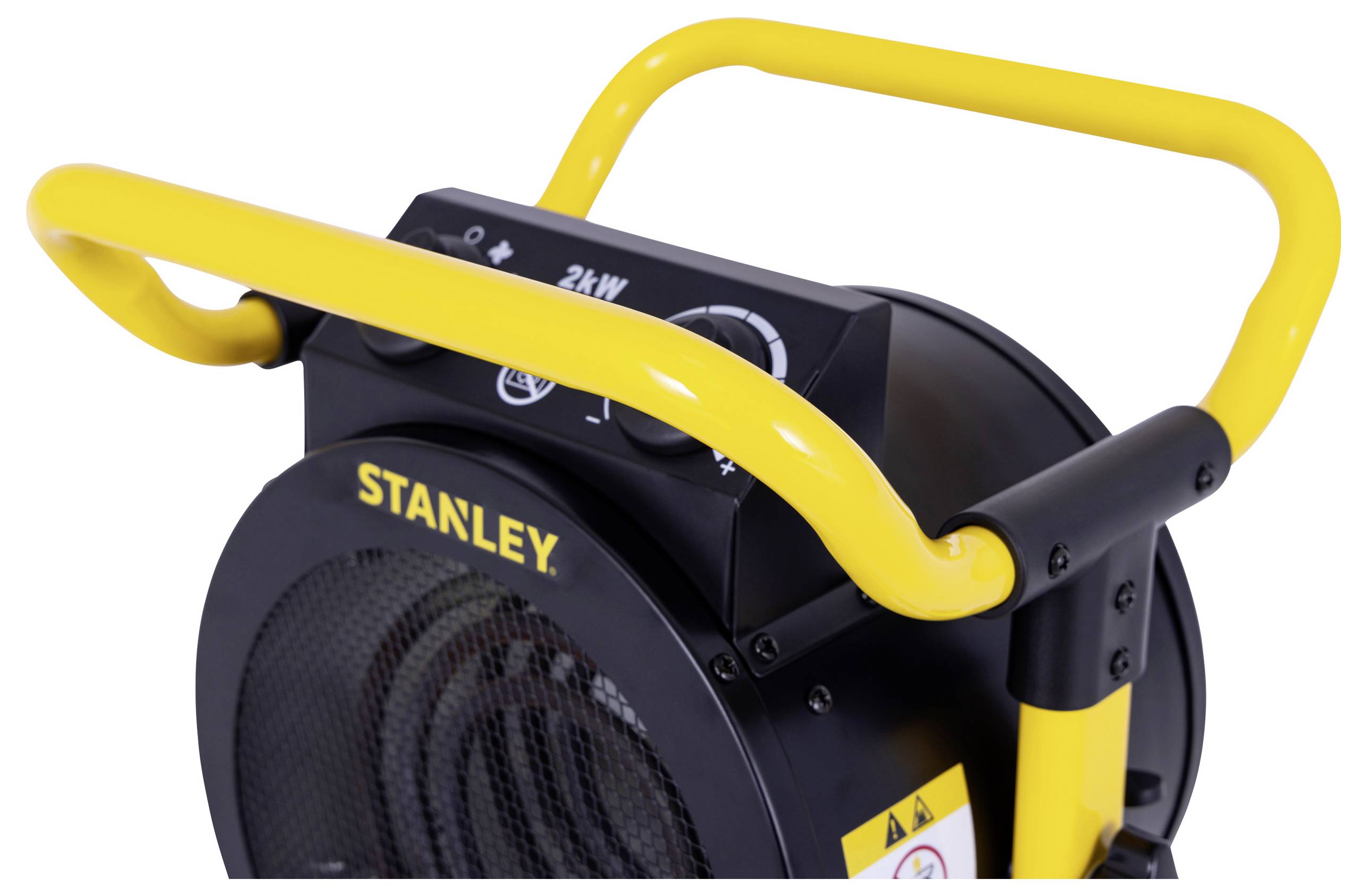En gul Stanley industriell värmefläkt med kontrollpanel som visar en effektinställning på 2 kW, handtag för portabilitet och synliga säkerhetsikoner.