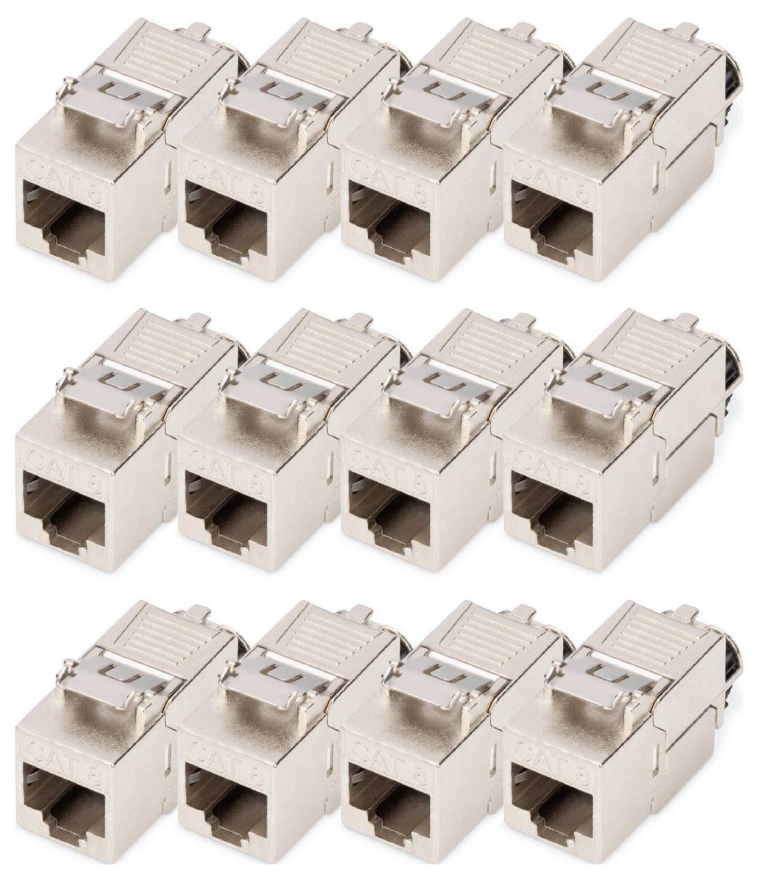 Tolv skärmade RJ45-nätverksuttag i två rader, lämpliga för Ethernet-kabelanslutningar, visade på vit bakgrund.