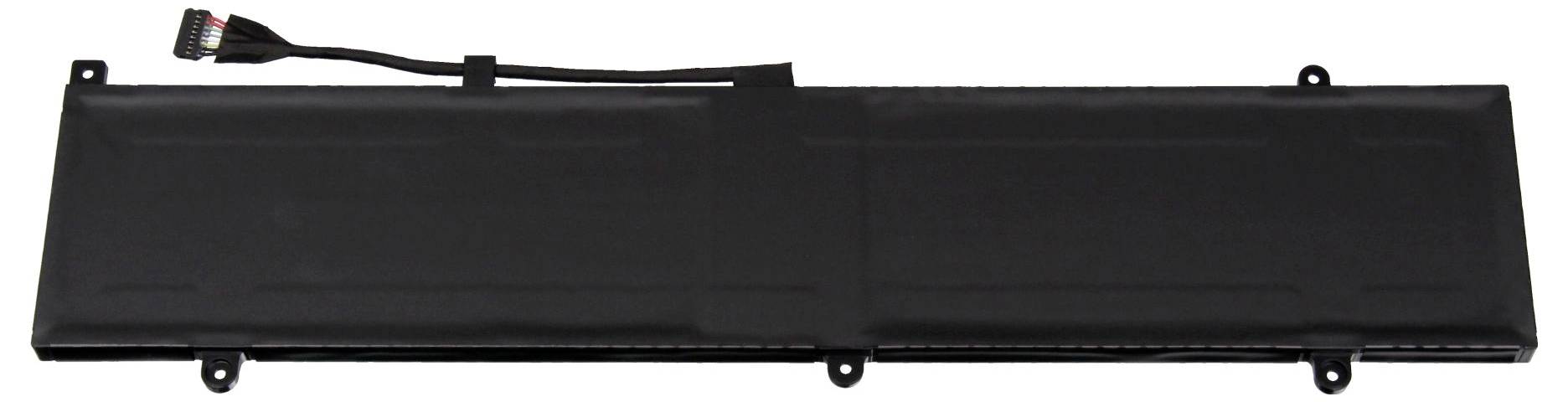 En lång, rektangulär, svart bärbar datorns batteri med en ansluten kabel och kontakt längst upp till vänster.