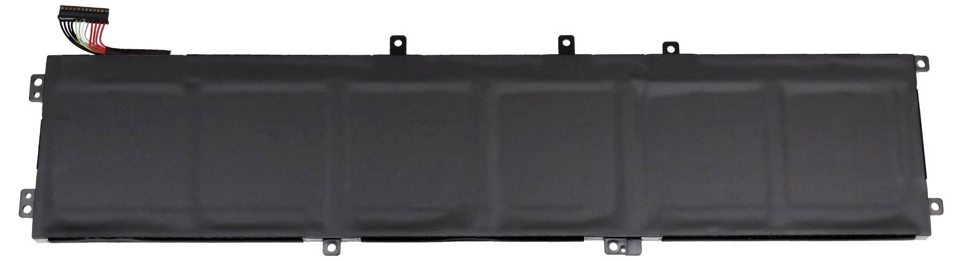 En rektangulär, tunn laptopbatteri med flera anslutningsledningar på vänster sida.