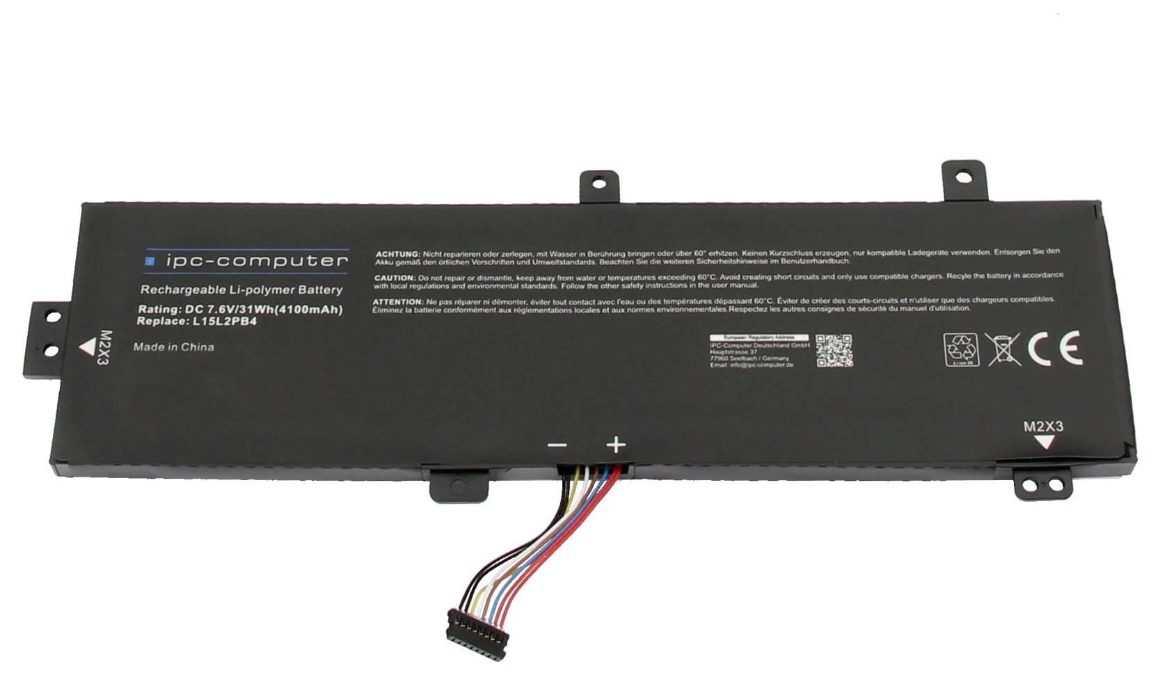 Uppladdningsbart laptopbatteri med 11,1V/4000mAh, svart hölje, kabelanslutning och modellinformation på ovansidan.
