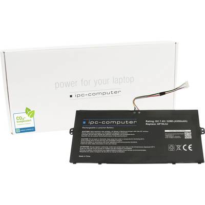 En bärbar datorbatteri med påskriften 'ipc-computer' ligger framför en förpackning med sloganen 'power for your laptop'.