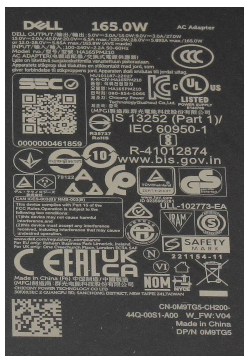 Dell AC-adapter-etikett med 65,0 W. Innehåller tekniska specifikationer, säkerhetscertifikat och modellnummer CN-0M9TGS.