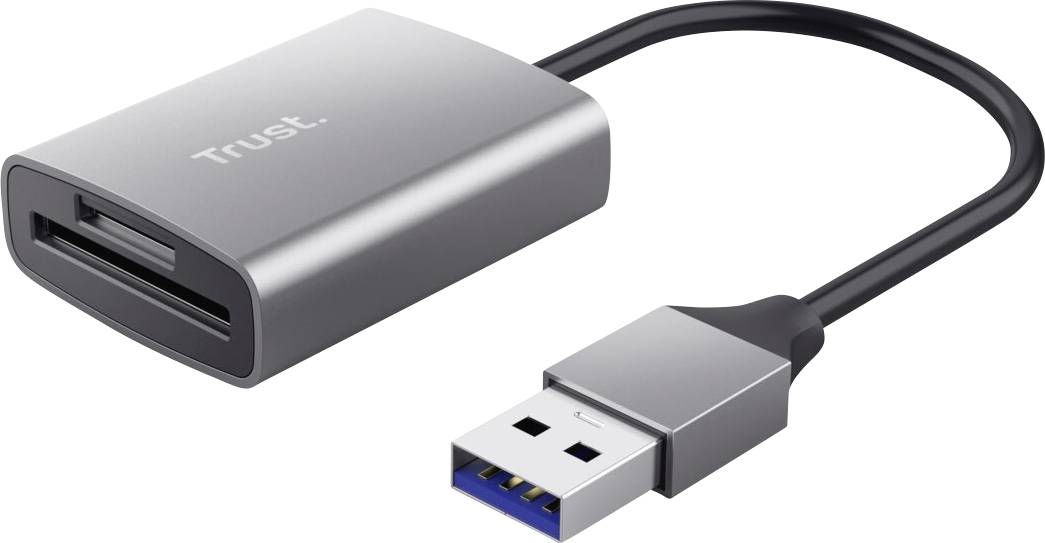 USB-kortläsare från Trust med USB-kabel, kompatibel med olika typer av minneskort. Huvudsakligen designad i silver.