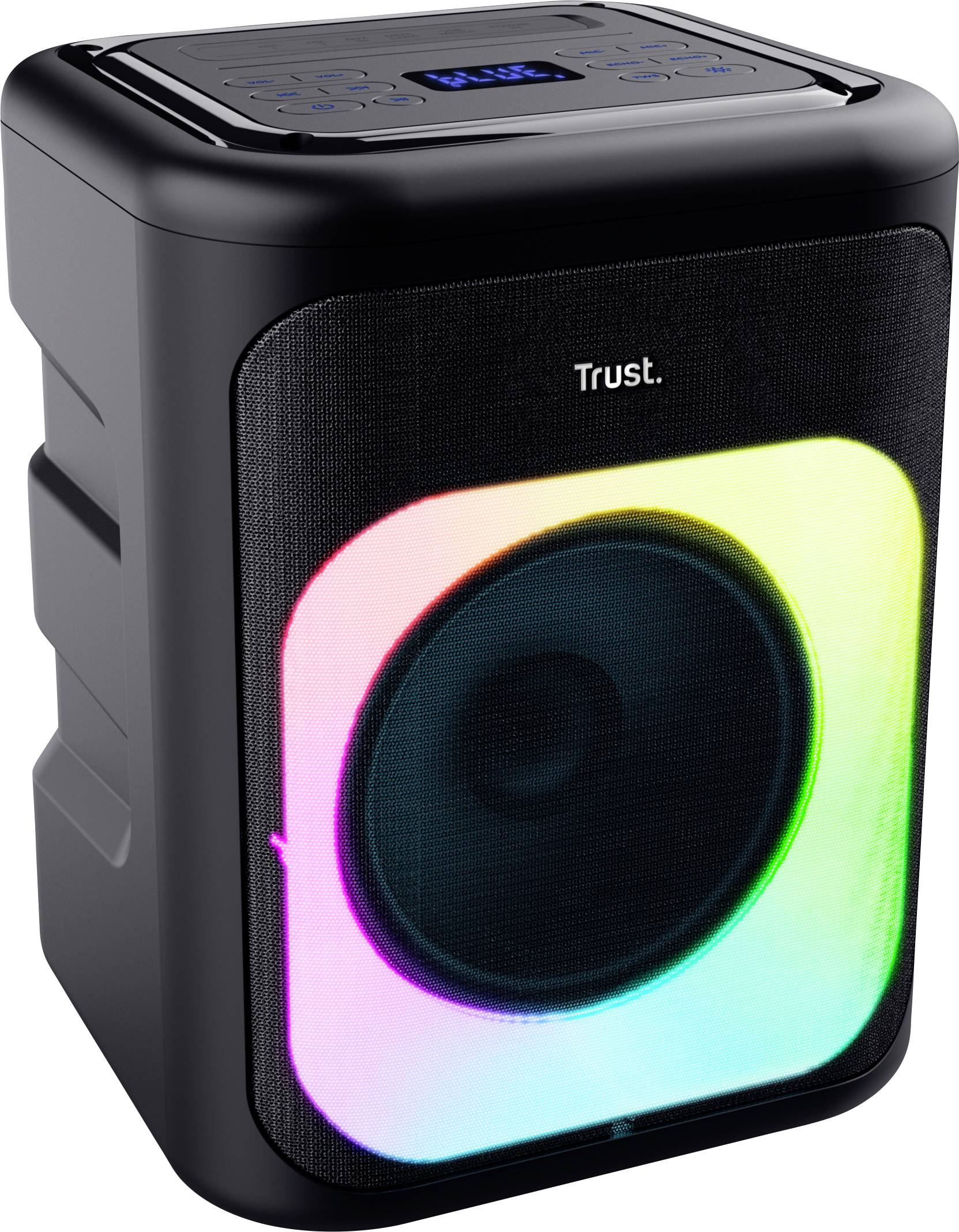 En svart högtalare med färgglatt LED-ljus som lyser i ett regnbågsfärgat mönster. Texten 'Trust' är synlig.