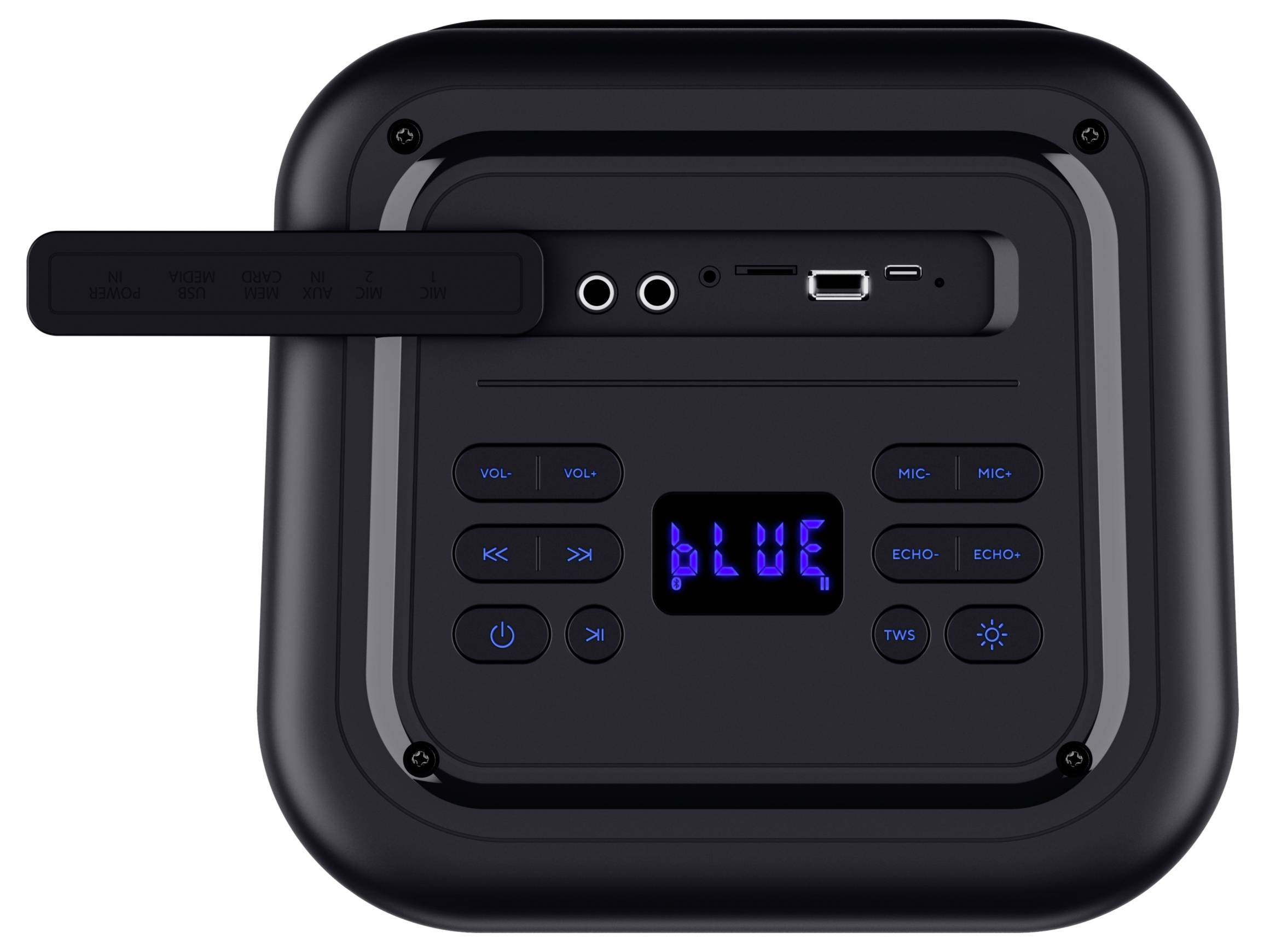 Svart kontrollpanel på en högtalare med knappar för volym, uppspelning, mikrofon, eko, TWS, ljus och display som visar 'BLUE'.