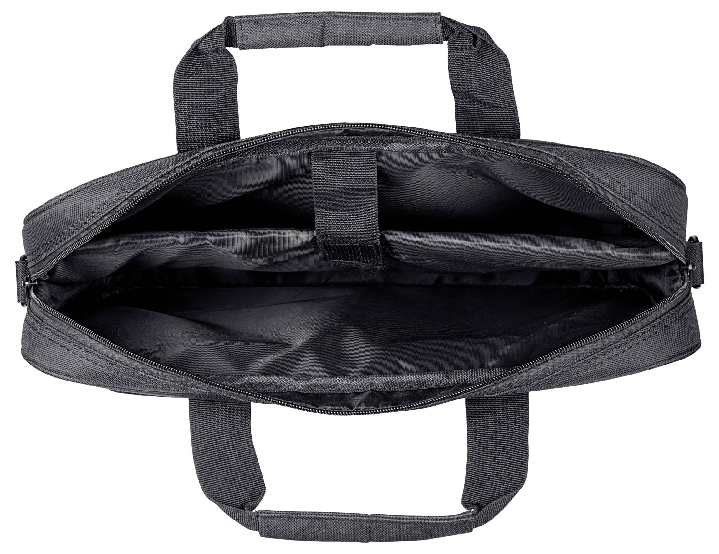 Svart, öppnad laptopväska fotograferad ovanifrån; visar två fack och bärhandtag.