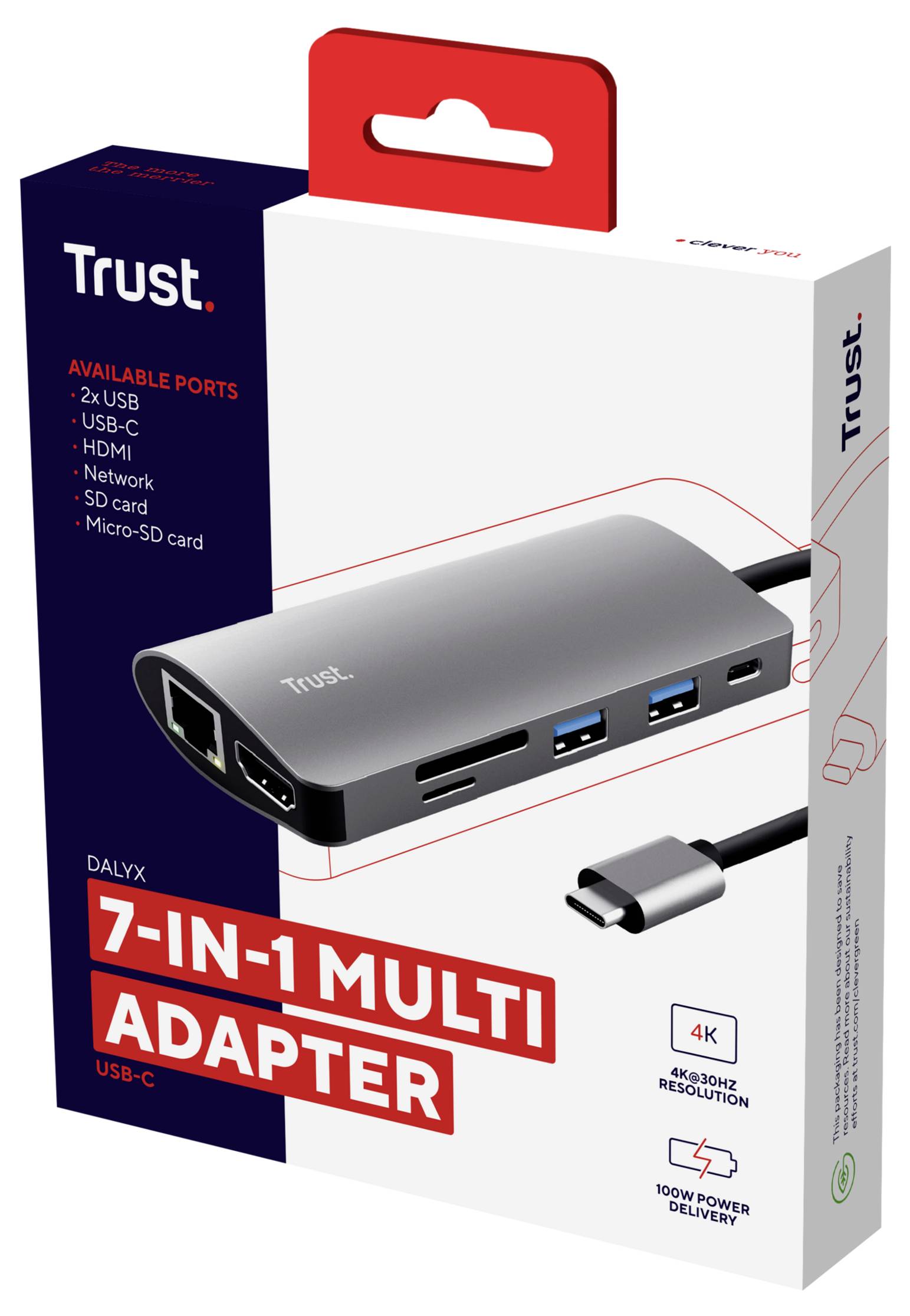 'Trust 7-in-1 Multi Adapter' förpackning med bild av adaptern, innehåller USB, HDMI, nätverks-, SD- och Micro-SD-anslutningar. Stöder 4K-upplösning och 100W Power Delivery.
