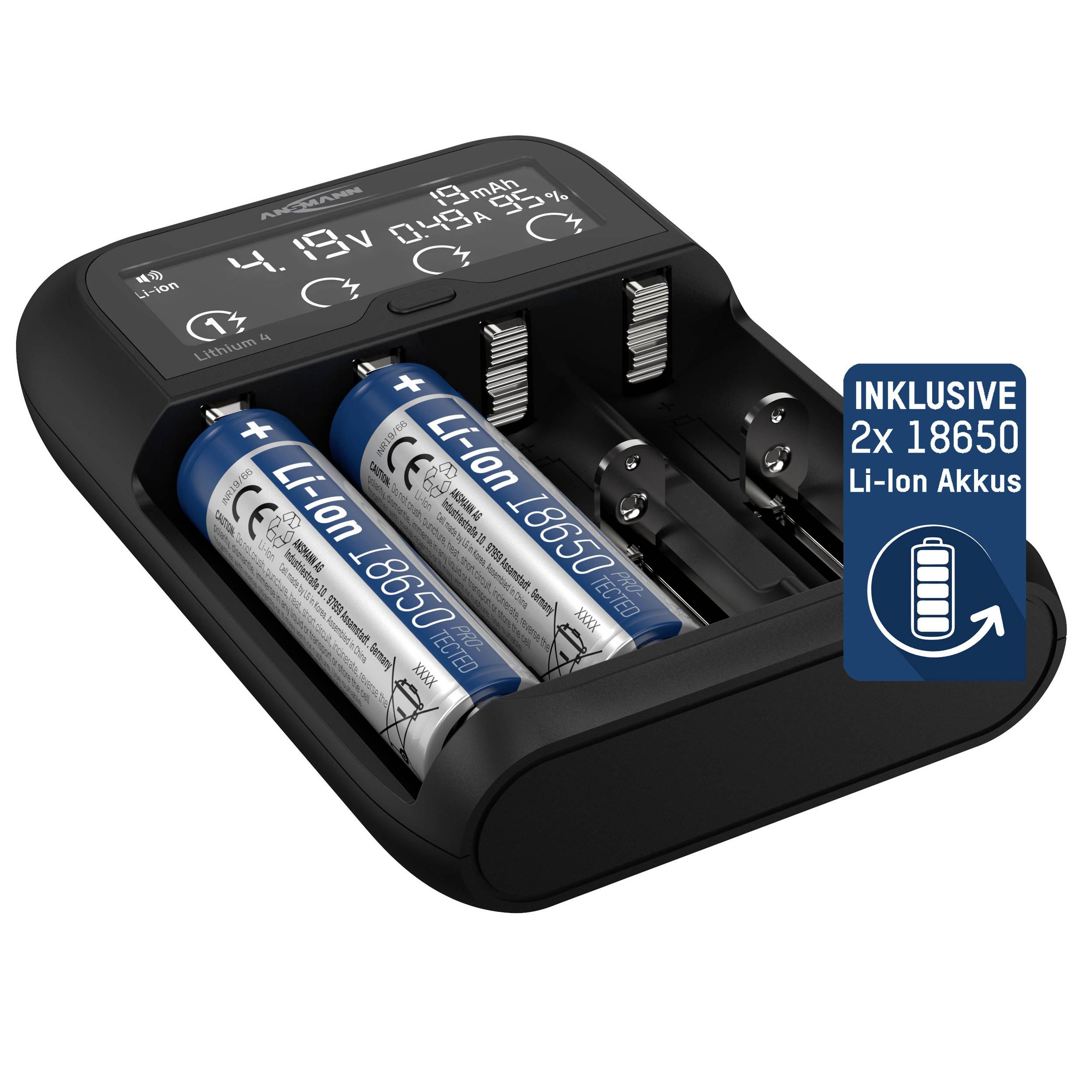 Intelligent laddare med två isatta Li-Ion 18650-batterier, display visar laddningsstatus och spänning, inklusive 2 batterier.
