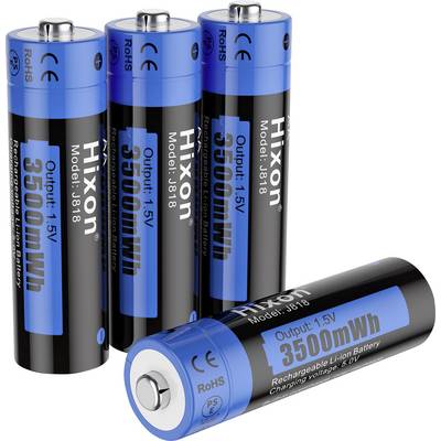 Fyra laddningsbara 1,5V AA-batterier med blå och svart hölje, märkta med '3500mWh', märkta som modell JB18 från Hixon.